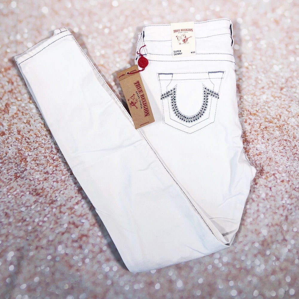 True Religion Optic Whte Super Skinny Stud Logo 30